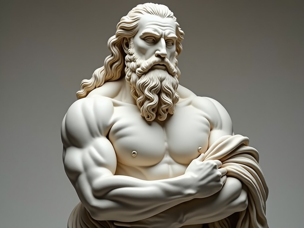 This image showcases a highly detailed marble sculpture of a muscled philosopher. He has long, flowing hair and a prominent beard, exuding an aura of wisdom and strength. The sculpture captures intricate details in the facial and body features, emphasizing the muscular physique. Soft lighting enhances the smooth texture of the marble, creating a dramatic effect. This classic representation reflects a blend of artistry and philosophical ideals prevalent in ancient times.