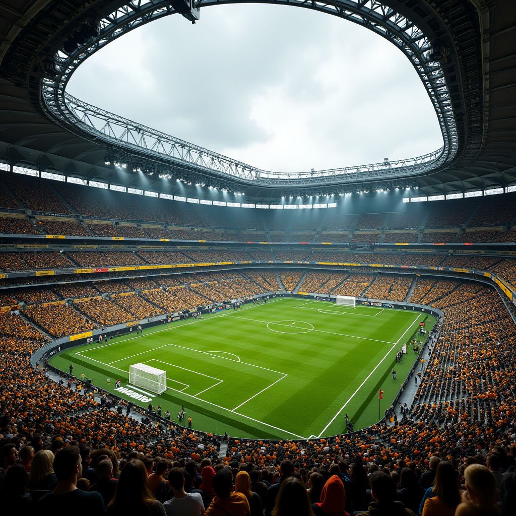 The image captures a large, modern soccer stadium filled with thousands of spectators. The stands are packed with fans wearing orange, creating a vibrant and unified sea of color. The soccer field is lush and green, marked with fresh white lines. The stadium's design is sleek and contemporary, with a partially covered roof allowing natural light to enter and illuminate the pitch. The atmosphere appears electric, suggesting a high-profile match is taking place. The sky is slightly overcast, adding to the dramatic setting.