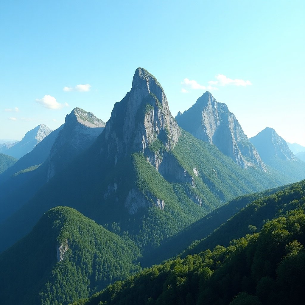 The image showcases a breathtaking mountain range with five prominent peaks. One mountain is lush with green forests, portraying a vibrant ecosystem. Another mountain stands out with its grey and jagged features, contrasting with the greenery. The sunlight bathes the landscape, illuminating the majestic scenery. This scene evokes a sense of adventure and appreciation for nature's beauty.