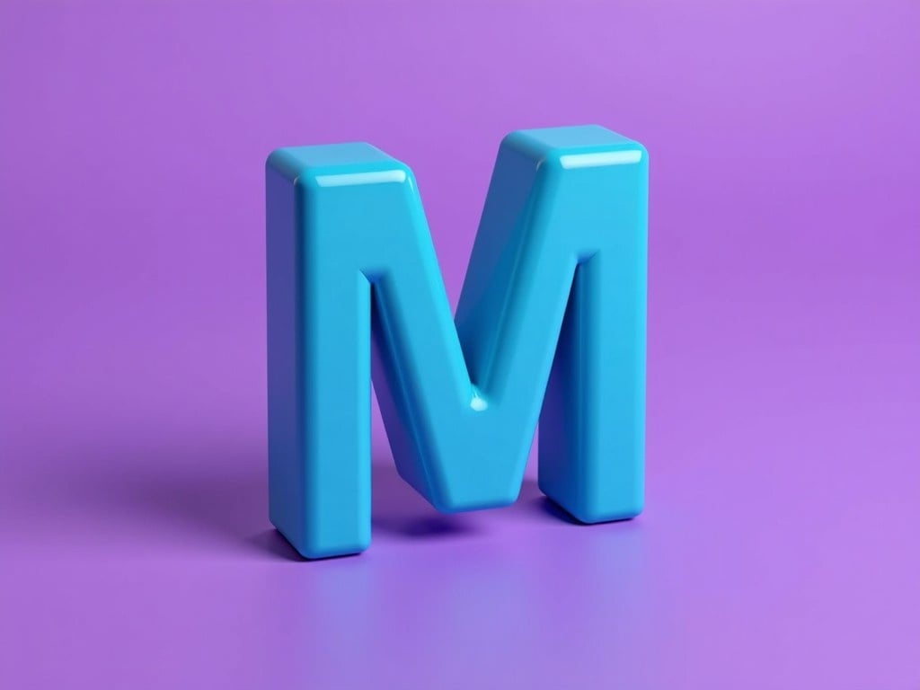 A 3D blue letter M is prominently displayed against a vibrant purple background. The letter has a glossy and reflective surface, giving it a modern and attractive look. The lighting highlights the contours of the letter, emphasizing its three-dimensional shape. The overall composition creates a striking visual impact, making it suitable for various graphic design uses. This image is ideal for presentations or promotional materials that require bold typography.