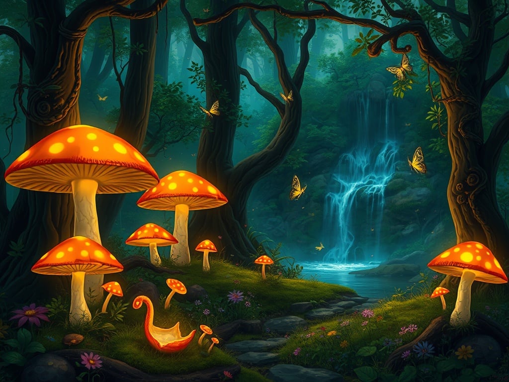 This fantasy illustration depicts a surreal forest pathway illuminated by glowing mushrooms with an intriguing, magical light. Butterflies flutter around the mystical scene, adding to the ethereal atmosphere. In the background, a gentle waterfall cascades down rocks, its vibrant blue hue contrasting with the warm orange glow of the mushrooms.