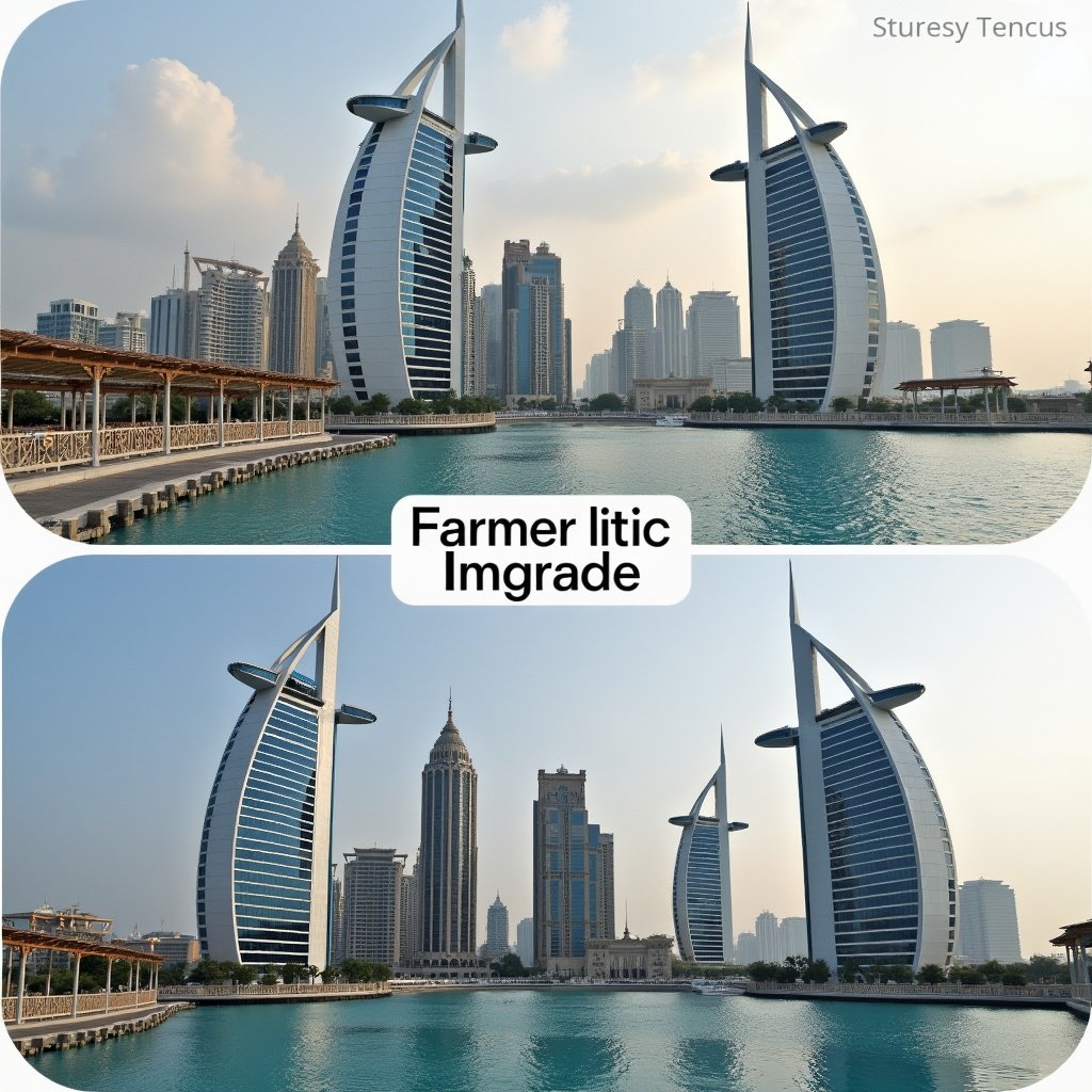 This image captures the striking transformation of the UAE's landscape, highlighting the iconic Burj Al Arab alongside a modern skyline. The water reflects the innovative architecture that symbolizes the rapid progress of the region. Soft natural lighting gives a serene ambiance, showing the blend of nature and architecture. The view invites viewers to consider the country's evolution into a global destination. Ideal for showcasing urban transformation and modern living.