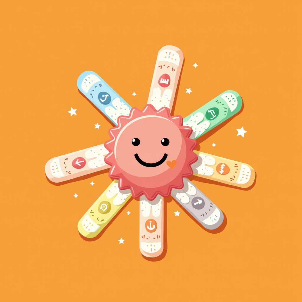 A cheerful cartoon sun made of colorful, smiling bandages against an orange background.