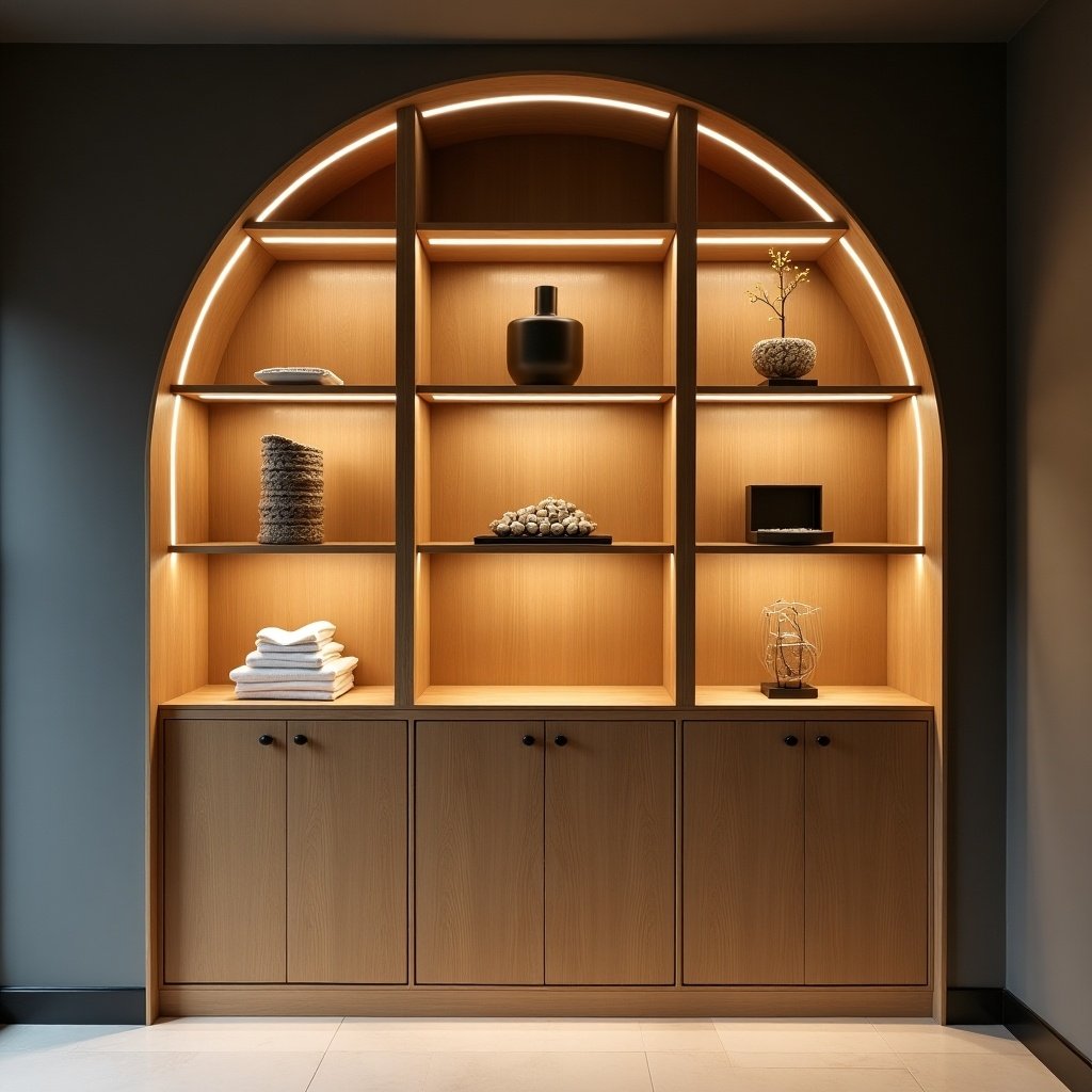 This image features a modern and elegant wooden showcase designed with an arch wall. The showcase has multiple display areas that are illuminated with focused lighting, highlighting the decorative items placed on the shelves. Below, there is closed storage with flush handles, providing a clean and minimalist look. The wood finish adds warmth to the space, making it suitable for various home styles. Overall, this design combines functionality with aesthetic appeal, perfect for contemporary interiors.