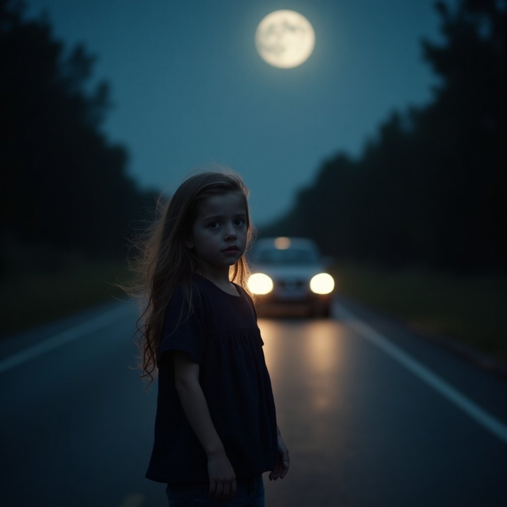 In a quiet, dimly lit road illuminated by moonlight, a young girl stands unaware of an approaching car behind her. The scene captures the innocence of childhood juxtaposed with an underlying sense of danger. The soft glow of the moon highlights her expressive features, adding a touch of vulnerability to the image. The headlights of the car can be seen in the distance, creating an eerie atmosphere. This composition evokes both beauty and tension, drawing viewers into a narrative of contrast between safety and risk.