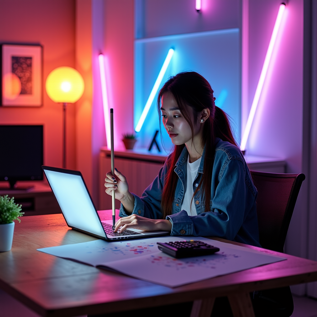 A person working on a laptop surrounded by vibrant neon lights.