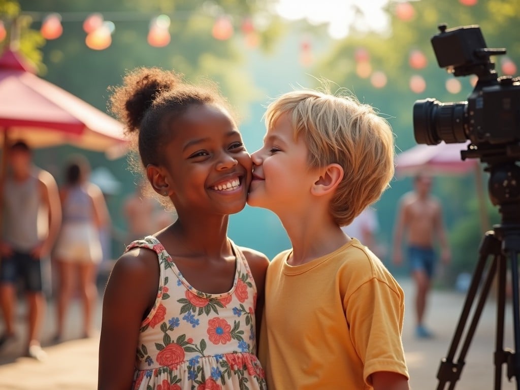 The image features a delightful moment between two young children in a vibrant summer setting. A blonde boy, approximately 12 years old, is kissing a 13-year-old black girl on her cheek. They are surrounded by a lively outdoor atmosphere, with people in the background enjoying the day. The lighting is soft and welcoming, enhancing their joyful expressions. The scene captures the innocence and warmth of childhood friendship, making it an ideal representation of summer days filled with laughter.