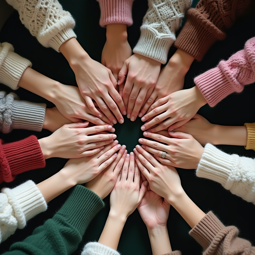 A group of diverse hands forming a heart shape, each wearing a colorful knitted sweater, symbolizing unity and warmth.