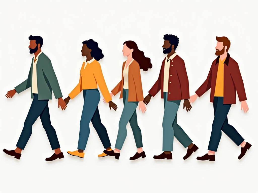 This image features a diverse group of cutout people depicted in walking poses. The individuals represent various ages and races, showcasing inclusivity. They are illustrated with simple shapes and soft colors, enhancing a modern, flat design style. The background is neutral to emphasize the figures. This illustration can be used to portray unity, teamwork, and diversity in various contexts.