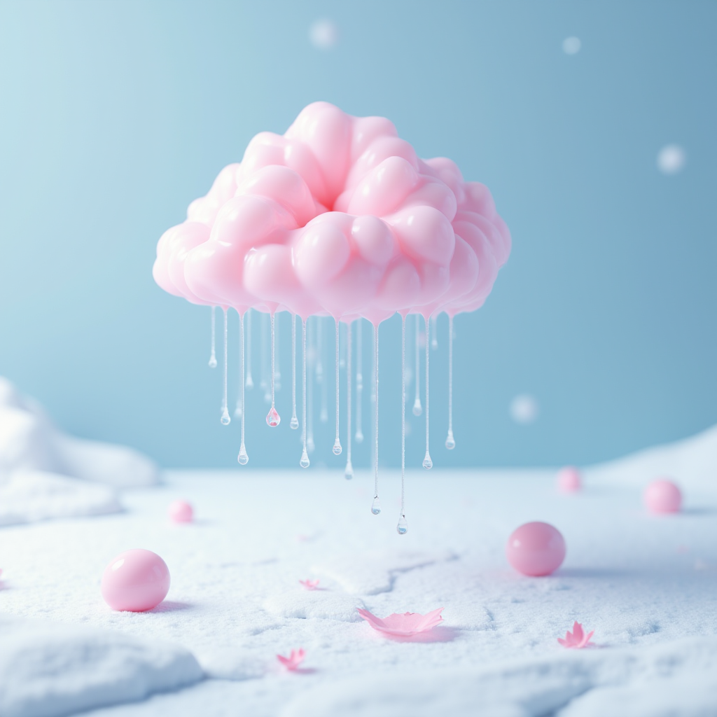 A fluffy pink cloud hovers above a snowy landscape, with droplets gently falling from it.