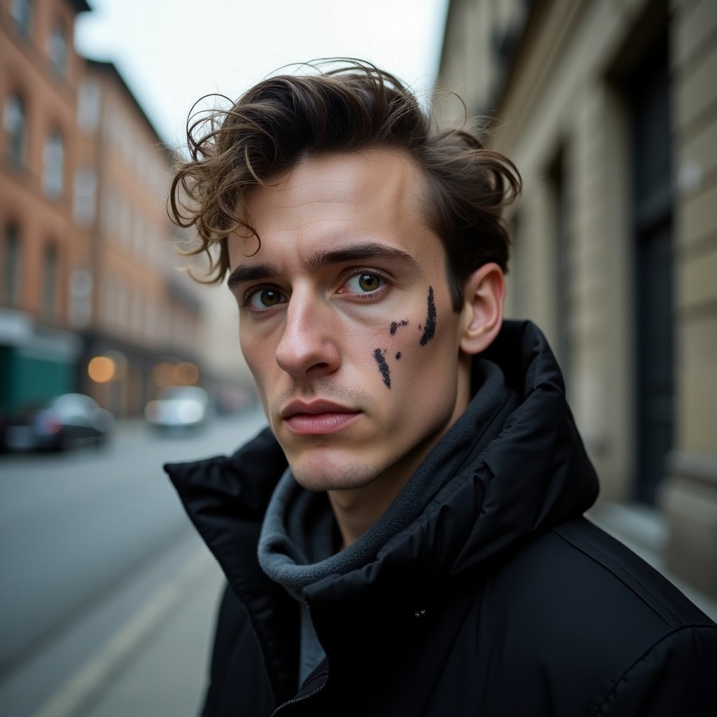 The image features a young man standing on an urban street. He has tousled hair and a serious expression, with a noticeable facial scar enhancing his look. The background is evident with soft-focus buildings and street elements. He wears a dark, oversized puffer jacket over a gray hoodie. The lighting creates an atmospheric feel, highlighting his facial features.