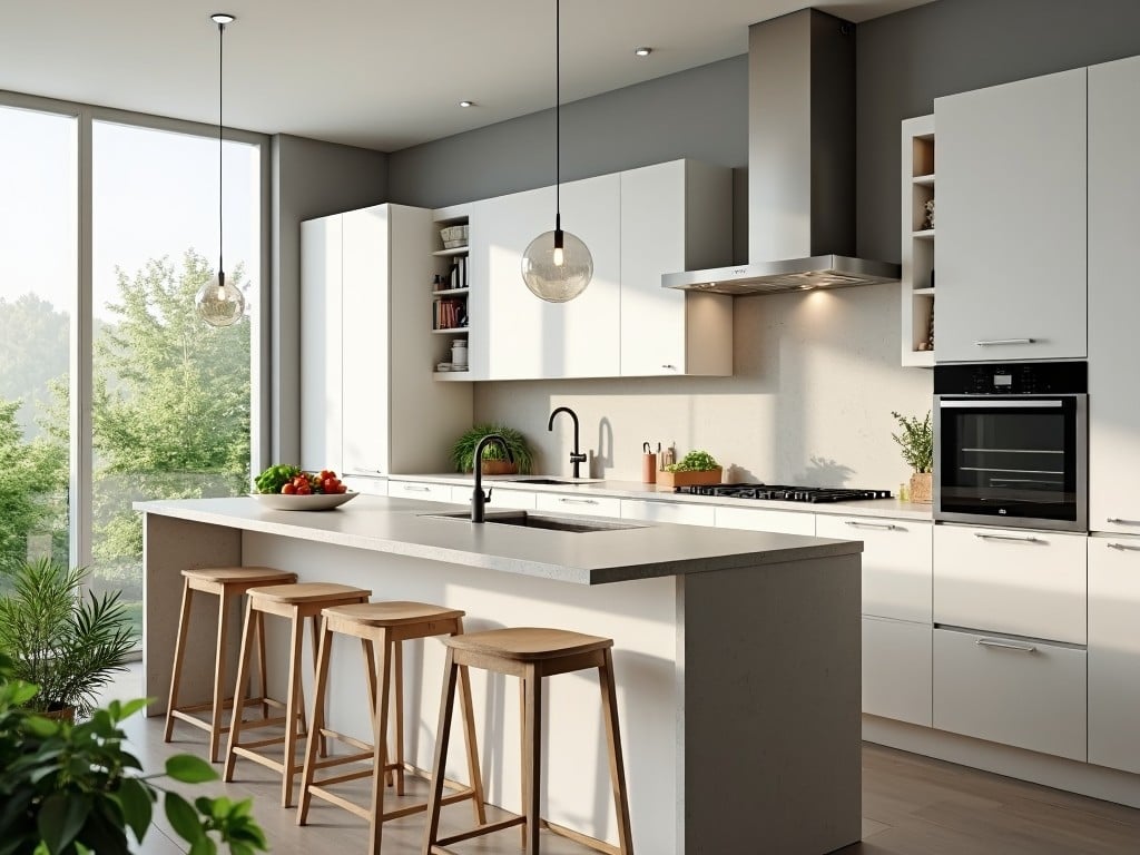 The image showcases a modern kitchen featuring a sleek design with white cabinetry. The kitchen island is a central focal point, topped with a light-colored countertop and accompanied by wooden bar stools. Large windows allow natural light to flood the space, emphasizing the clean lines and minimalist aesthetic. Pendant lights hang above the island, providing both functional and stylish illumination. Green plants and fresh produce add a pop of color, enhancing the inviting atmosphere of the kitchen.