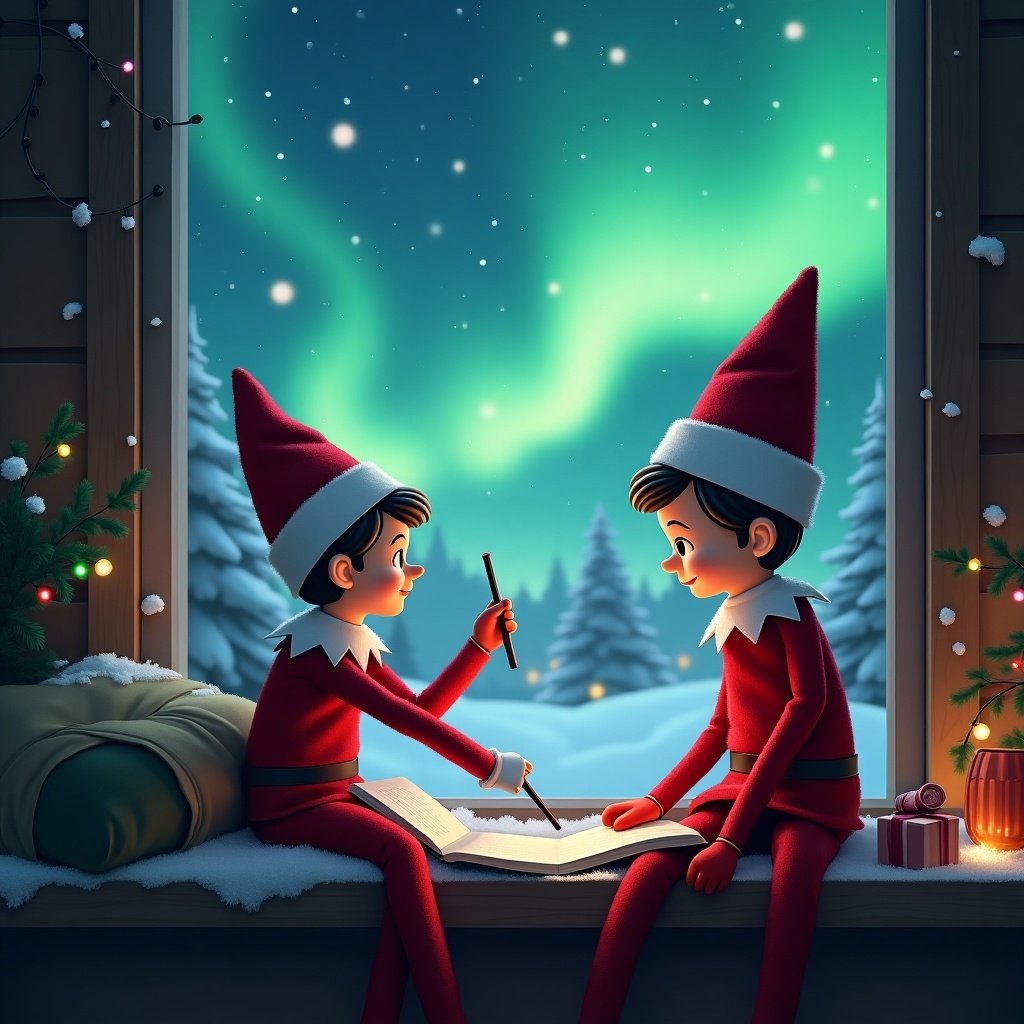 The scene depicts two elves sitting together in a cozy cabin, warmly illuminated by the glow of candles and the enchanting northern lights outside. They are focused on writing in a large open book, chatting animatedly as they share their thoughts. The atmosphere is festive and magical, capturing the joy of the holiday season. The window showcases a serene snowy landscape filled with trees, enhancing the wintery feel. Each elf is dressed in traditional red suits with pointed hats, adding to the charm of the scene. In the sky, there are playful, swirling lights, reminiscent of the auroras.