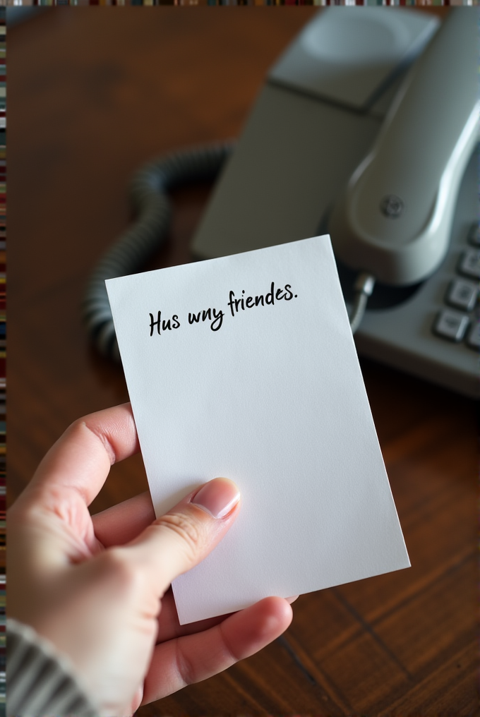 A person holds a note with the message 'Hus wny friendes' in front of a telephone.