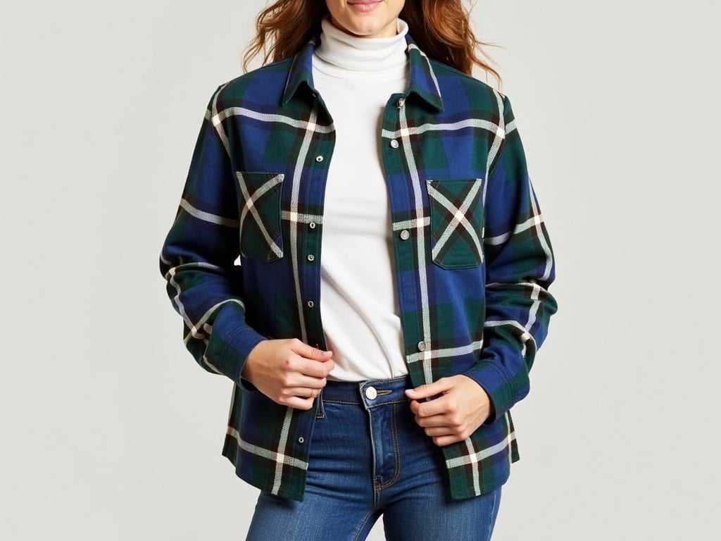 A woman wearing a blue and green plaid shirt over a white turtleneck, paired with jeans.