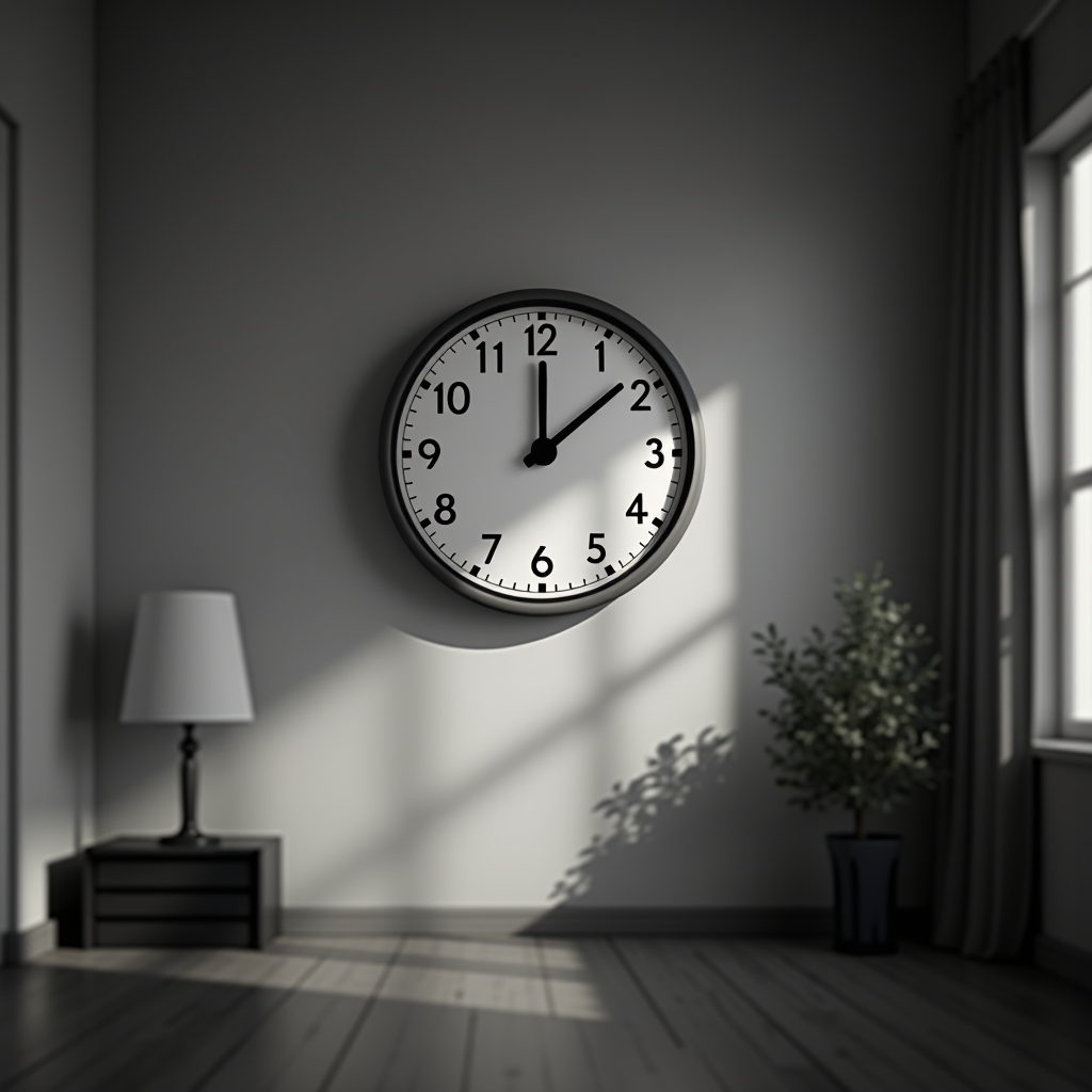 A wall clock shows time in a serene, dimly lit room with a lamp and a small indoor plant.