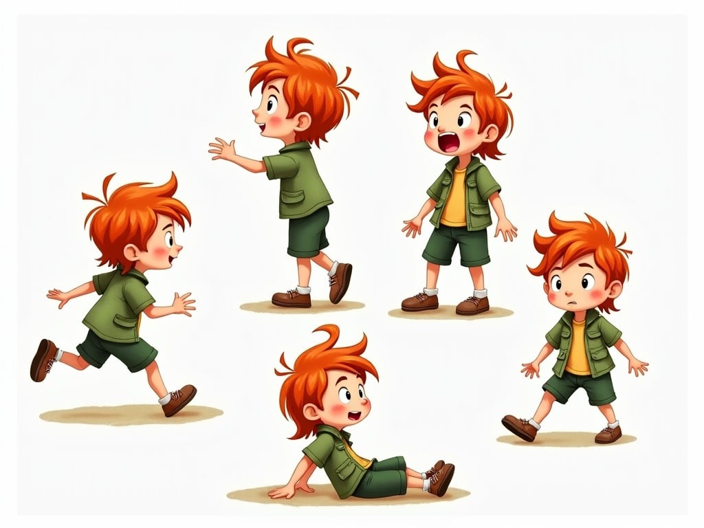 Create a series of hand-drawn watercolor style images featuring a cute 10-year-old boy named Odo. Odo has red-chestnut hair tied at the sides. In the first image, he stands happily. Next, he is shown walking. In another frame, he runs energetically. There’s a moment where he bends down, looking fascinated. Another image portrays Odo happily looking at the sky. The following frames show him looking to the right, sitting on the floor, jumping into the air, and lying on his back. His expressions range from laughter to being upset and finally showing excitement. The background remains completely white for emphasis.