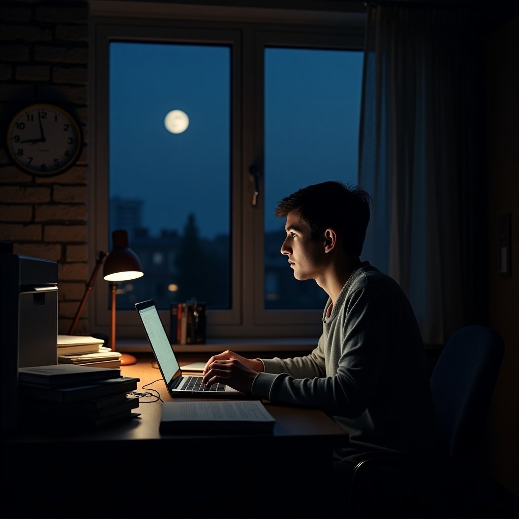 A young man is sitting at a desk late at night, working intently on his laptop. The room is dimly lit, with a soft glow from a desk lamp beside him. Outside the window, a bright full moon casts a silvery light into the room. Stacks of books are scattered on the desk, creating a studious atmosphere. The young man's expression is focused, reflecting determination and concentration as he types away at the keyboard.