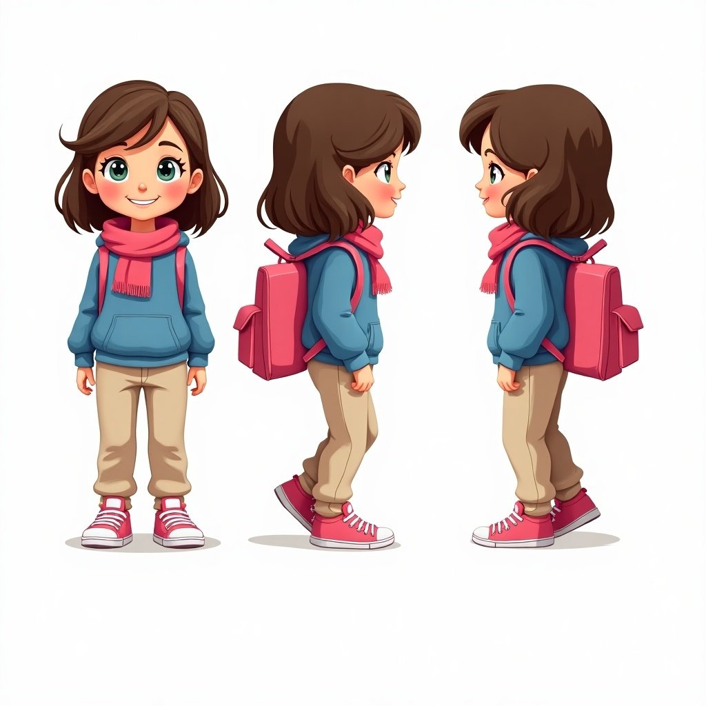 The image shows an animated character design of a young girl around 4 years old. She has brown, shoulder-length hair and a big smile, with captivating green, blue, and grey eyes. Dressed in a blue hoodie and beige tracksuit pants, she wears pink footwear that adds a pop of color. Her pink scarf is loose around her neck, and she carries a matching pink backpack. The character is presented from three angles: the front view, side view, and back view. The artistic style is vibrant and playful, perfectly encapsulating an adventurous spirit.