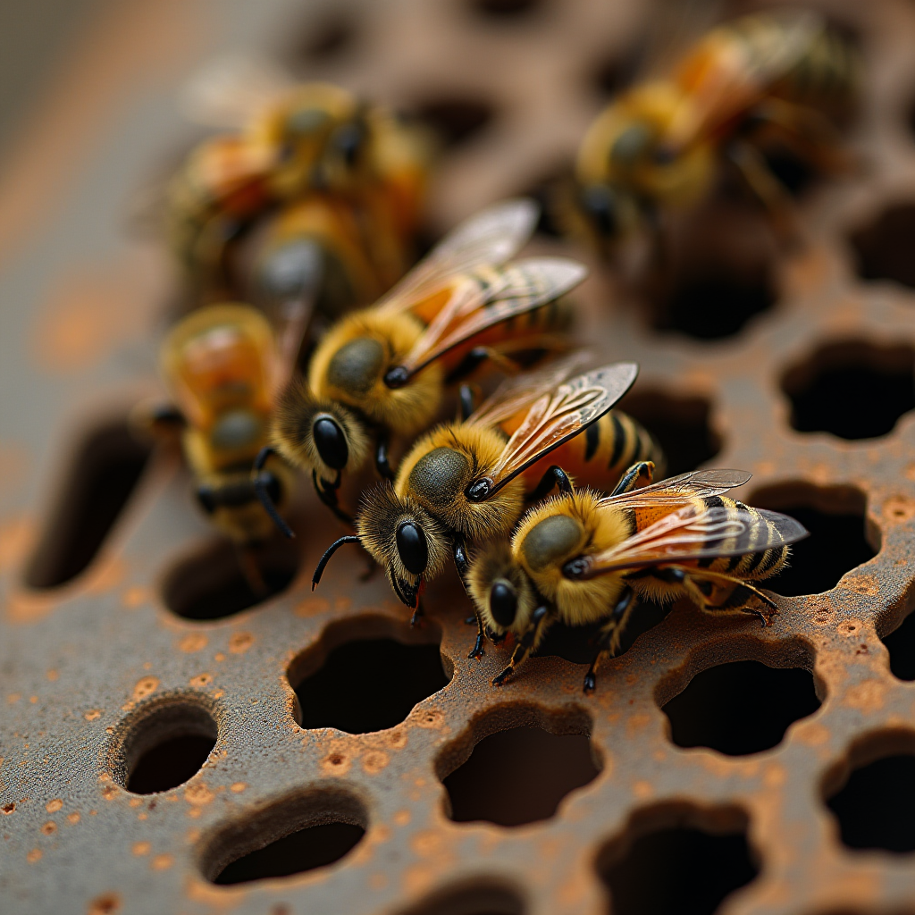 A group of honeybees gather on a hexagonal-patterned surface, their intricate details sharply focused.