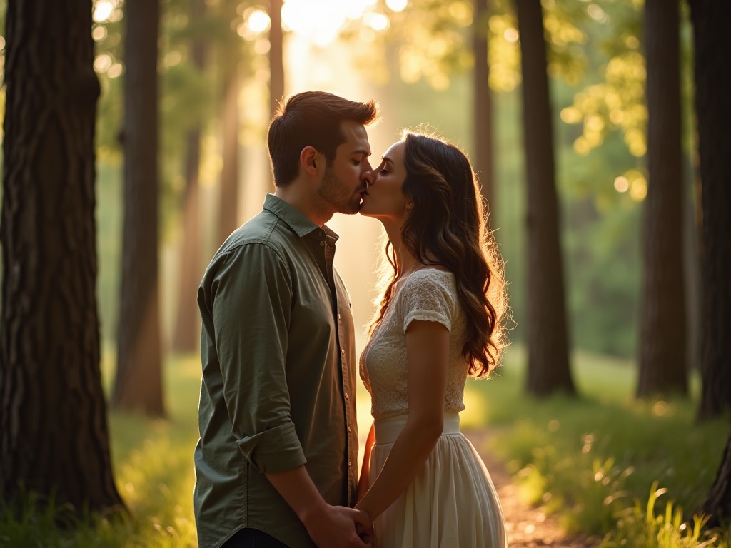 A couple stands close together in a forest, surrounded by tall trees. They share a tender kiss, holding hands gently. The warm sunlight streams through the leaves, creating a magical atmosphere. The woman wears a flowing white dress, and the man is in a casual shirt. The scene evokes feelings of love and intimacy, showcasing the beauty of nature. This image captures a special moment between two people in a serene setting.