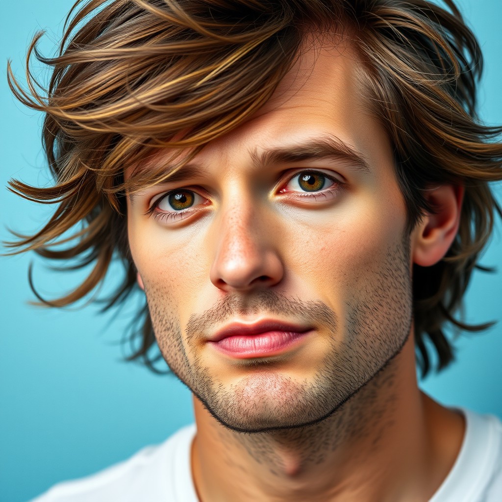 A close-up portrait of a thoughtful person with wavy hair against a light blue background.