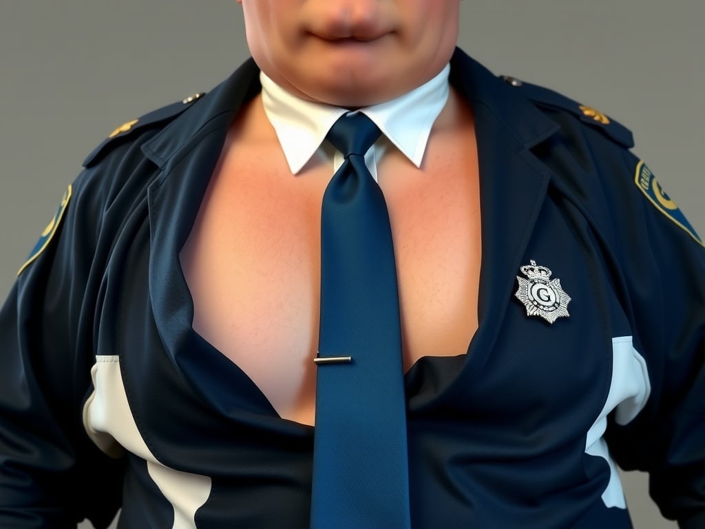 A person in a police uniform with an unbuttoned shirt displaying part of their chest.