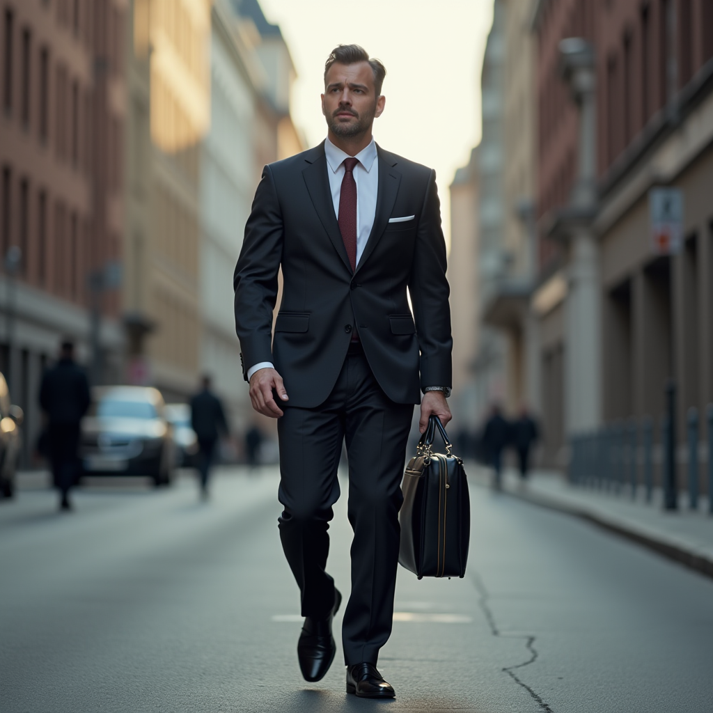 A well-dressed man confidently walks down a city street carrying a briefcase.