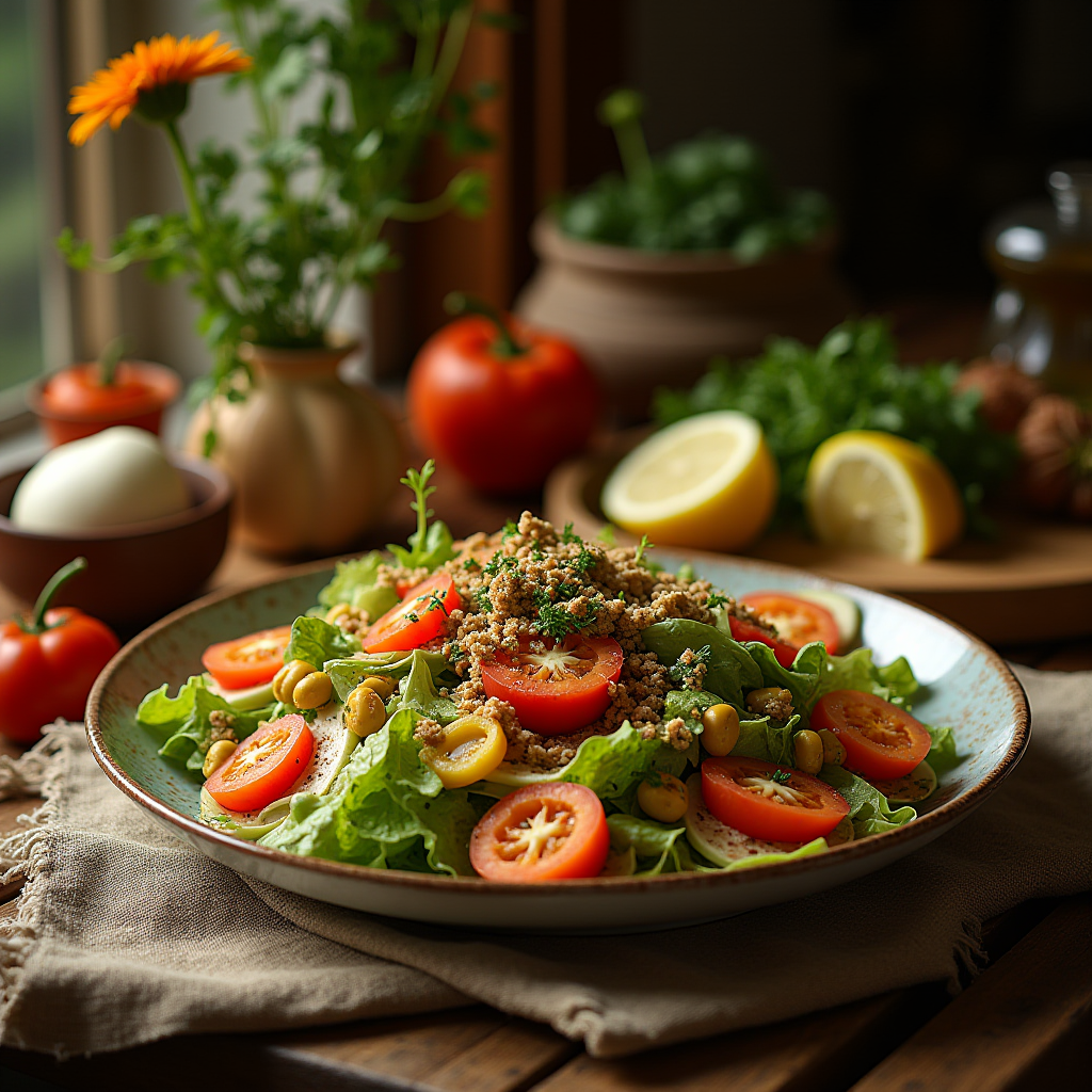 A fresh and colorful salad with tomatoes, greens, and couscous, garnished with herbs and surrounded by vegetables.