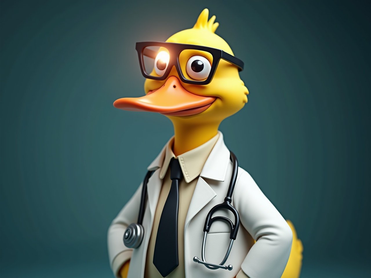 This image features a cartoonish duck character dressed as a doctor. The duck is wearing a classic white lab coat and glasses, complete with a headlight on its forehead. The playful expression on the duck's face adds to its humorous appeal. The background is a soft gradient that enhances the main subject. With its quirky style, this illustration could be used for various humorous or educational purposes.