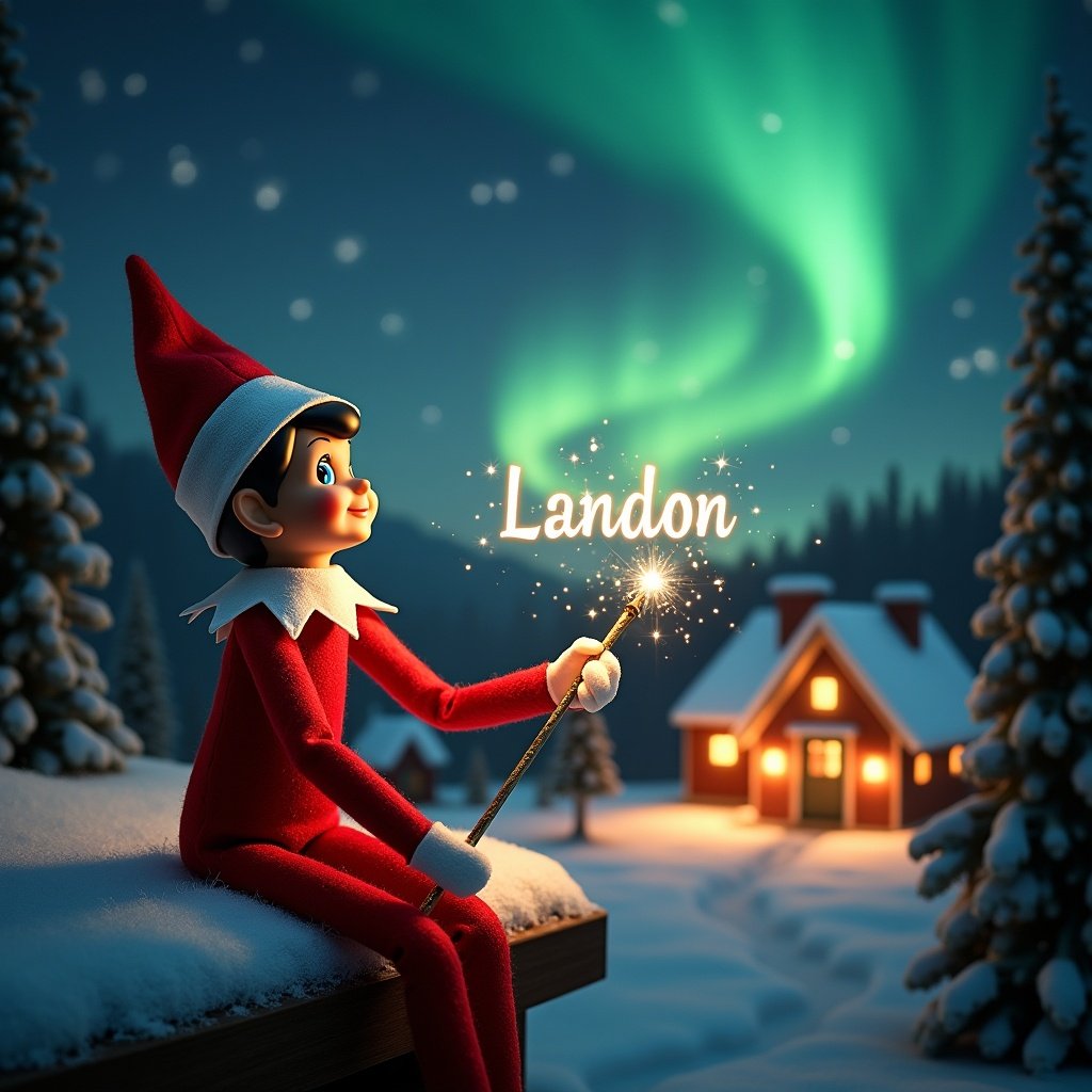 This image depicts an elf on the shelf, sitting with its back to the viewer and gazing up at a breathtaking display of northern lights. The elf holds a glowing wand that emits sparkling light, suggesting a sense of magic and wonder. In the background, a cozy house is visible, adorned with holiday decorations, surrounded by a serene, snow-covered landscape. The scene captures the essence of Christmas, evoking feelings of joy and festivity. The name 'Landon' twinkles in the air, created by the wand's glow, adding a personal touch to the enchanting atmosphere.