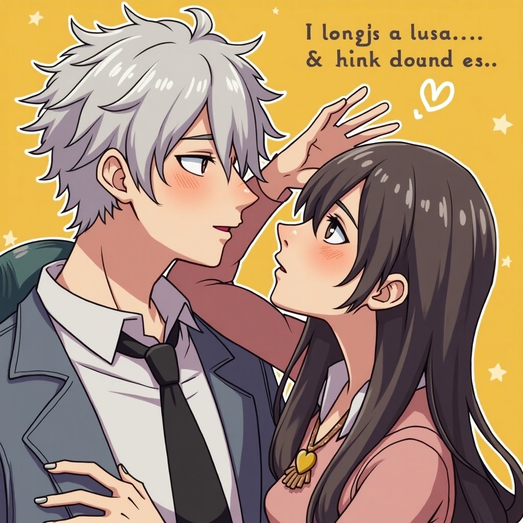 This image depicts a romantic scene between two anime characters. The characters are drawn in a stylish manga art style. The boy has spiky gray hair and is wearing a suit, while the girl has long dark hair and is wearing a heart-shaped necklace. They are gazing into each other's eyes, conveying a sense of affection. The background is bright yellow, which enhances the cheerful atmosphere. The boy's hand is gently touching the girl's hair, adding a playful touch to the composition.