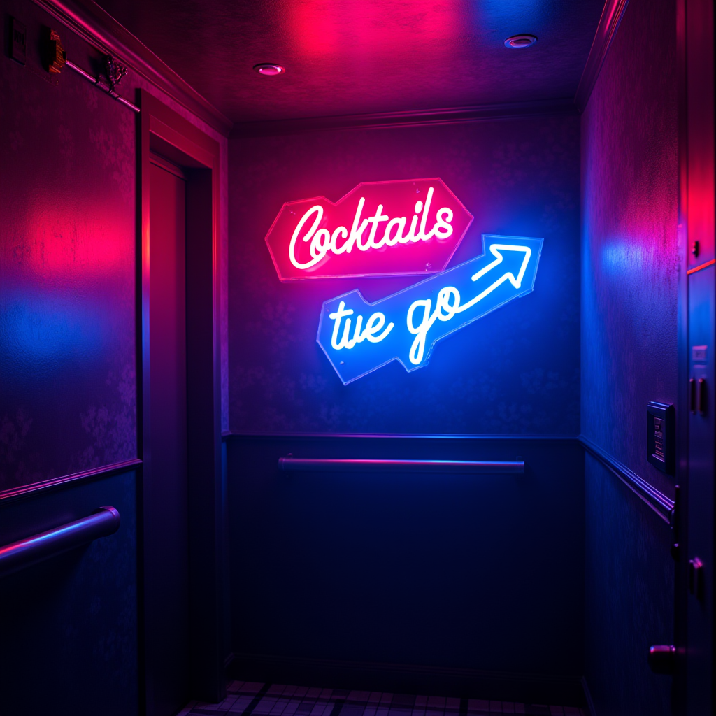 A dimly lit hallway illuminated by pink and blue neon signs reading 'Cocktails to go' with an arrow pointing the direction.