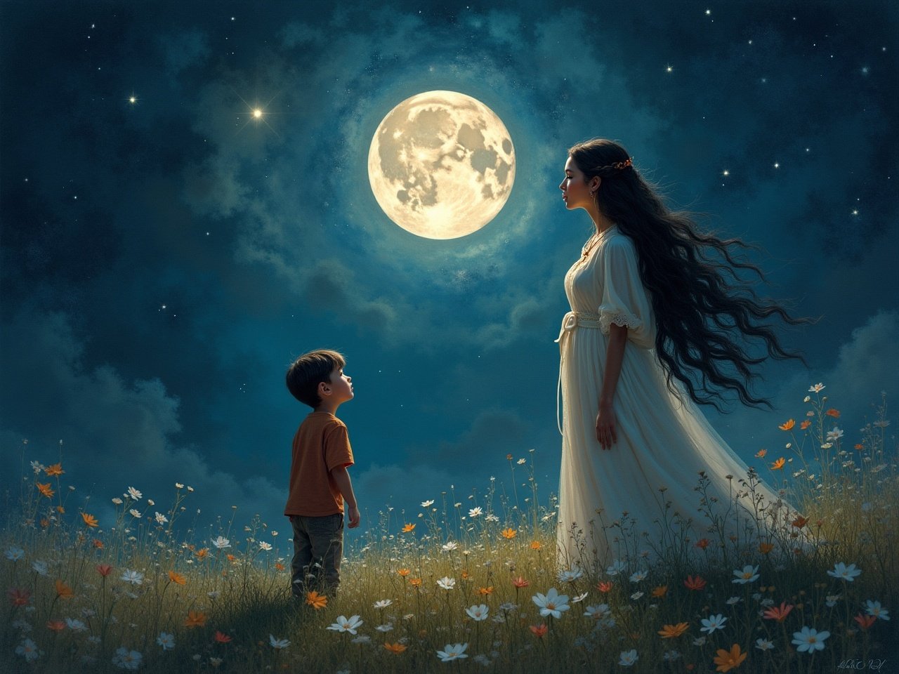 In this enchanting scene, a young child and a woman with flowing hair stand in a field of wildflowers under a bright, full moon. The night sky is speckled with stars, casting a soft, magical glow over the landscape. The woman, wearing a flowing white dress, and the child exchange a moment of wonder, silhouetted against the luminous moon.