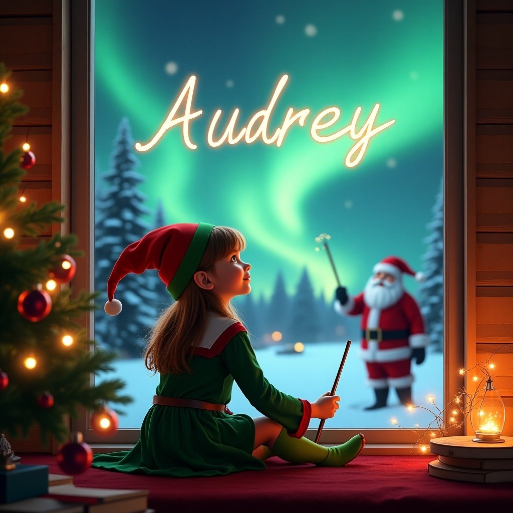 A magical Christmas scene where a girl dressed as an elf sits by a window, her back to the viewer. She gazes upwards with awe, holding a wand and writing the name 'Audrey' in the sky. The background features a mesmerizing display of northern lights against a snowy landscape. In the distance, Santa Claus adds to the festive atmosphere outside the window. The room is warmly decorated, creating an inviting and cozy holiday feel.