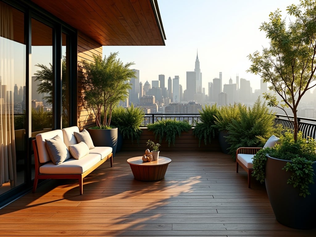 A sunlit rooftop terrace offers a serene escape with a breathtaking view of a city skyline. Stylish outdoor furniture and lush potted plants create an inviting atmosphere for relaxation. The soothing blend of nature and urban life is accentuated by soft, warm lighting from the setting sun.