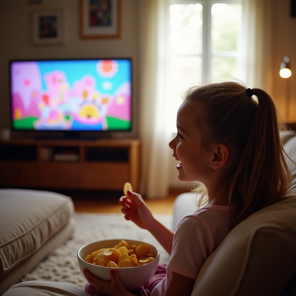 The image features a young girl sitting on a couch, enjoying her snack while watching television. She holds a bowl of chips in her hand, with a joyful expression on her face. The setting is cozy, with soft lighting coming from a window. The television displays a colorful animated show that attracts her attention. This scene captures a moment of leisure and enjoyment in a family living room.