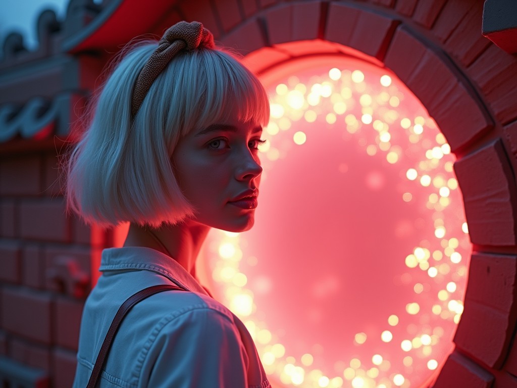 The image captures a young woman with a French bob haircut, standing in front of a magical portal filled with glowing particles. She has light European hair tied with a honey brown headband, and her lips are subtly overlined. The shot has an enchanting red glow that adds to the dreamy atmosphere. This photograph is taken using a DJI Mavic Air 2 at a wide angle, enhancing the ethereal quality of the scene. This high-resolution image conveys a natural style, perfect for capturing everyday moments with a touch of magic.