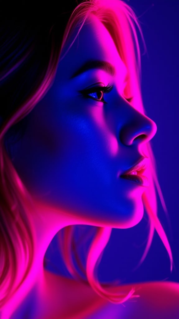 A woman's face in vibrant pink and blue neon lighting creating a modern and dynamic atmosphere.