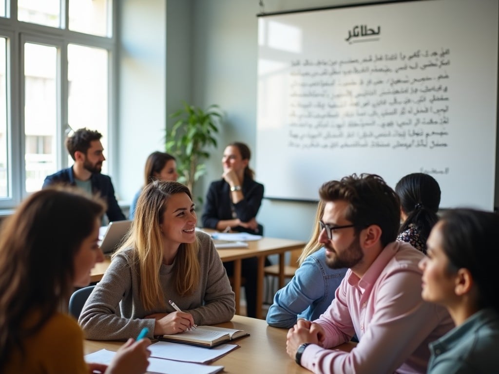 The image depicts a group of students engaged in a discussion in a classroom. They are facing each other, likely sharing ideas and notes. In the background, a whiteboard displays Arabic text, highlighting the focus on language education. The room is brightened by natural light coming through large windows, creating an inviting learning environment. This gathering reflects a diverse group of individuals united by their interest in language and culture.