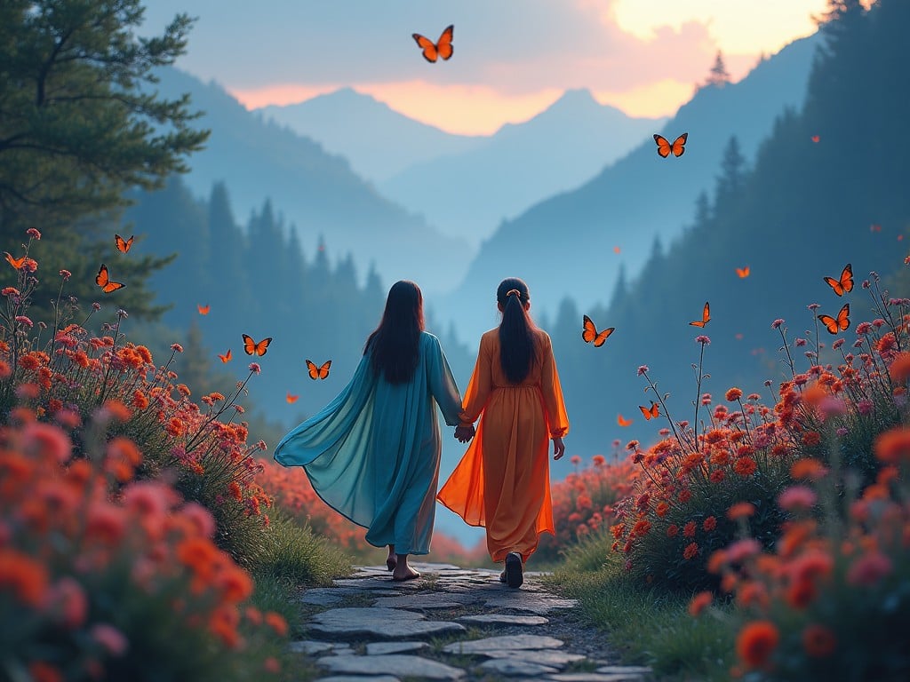 The scene depicts a magical and romantic setting, with two people clothed in traditional, flowing garments strolling through an enchanting garden. The garden is vibrant with a myriad of colorful flowers, creating a dreamy atmosphere. Around them, butterflies flutter gracefully, adding a touch of whimsy and magic. The background features mist-capped mountains under a twilight sky, enhancing the mystical feeling. Soft, ethereal lighting bathes the entire scene, creating a serene and picturesque environment.