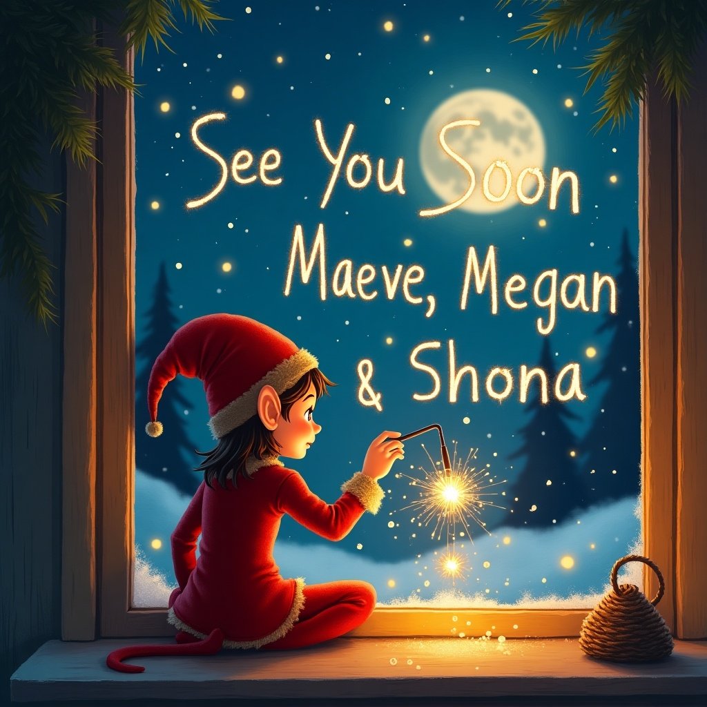 This illustration features an adorable elf sitting by a window at night, dressed in a vibrant red outfit and a pointy hat. The elf is energetically using a sparkler to write 'See You Soon Maeve, Megan & Shona' in the starry night sky. The warm light inside the room creates a cozy and inviting atmosphere, enhancing the festive mood. Outside, the moon shines brightly, casting a magical glow on the snow-covered landscape. This scene captures the spirit of holiday joy and whimsy, perfect for children's stories or festive greetings.