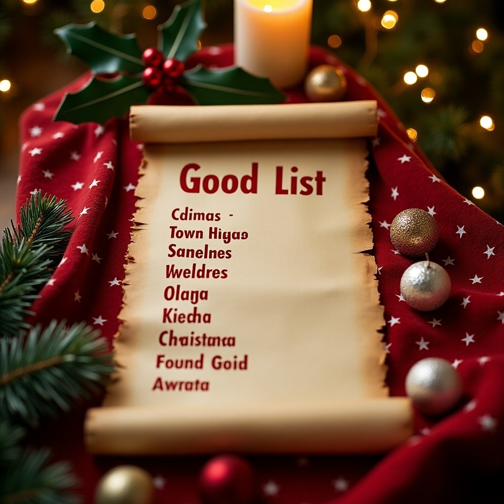 The image features a beautifully designed scroll with the title 'Good List' prominently displayed. It features children’s names written on it, suggesting they have been good this year. The scroll is set against a backdrop of soft holiday decorations, including a glowing candle and twinkling lights. Pine branches and red berries add a touch of nature, enhancing the festive spirit. This cozy scene evokes feelings of warmth and joy associated with Christmas. The scroll's aged look complements the traditional theme, making it perfect for holiday celebrations.