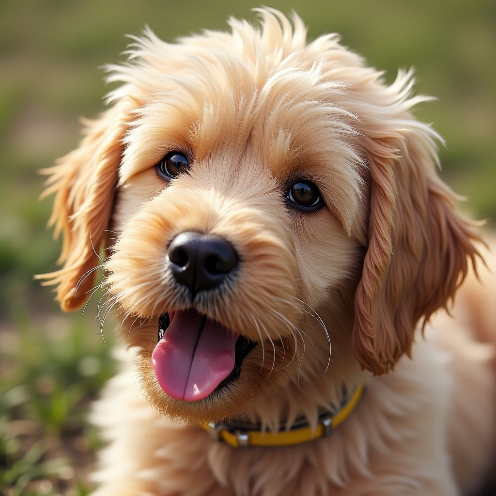 This image features an adorable golden-colored puppy with a friendly expression. The dog has fluffy fur and bright eyes, capturing the innocence and playfulness of puppies. It is photographed outdoors in a grassy area, which adds a natural element to the scene. The puppy is smiling, showcasing its tongue, which contributes to its charming appearance. The overall vibe of the image is cheerful and inviting, making it perfect for pet-related content.