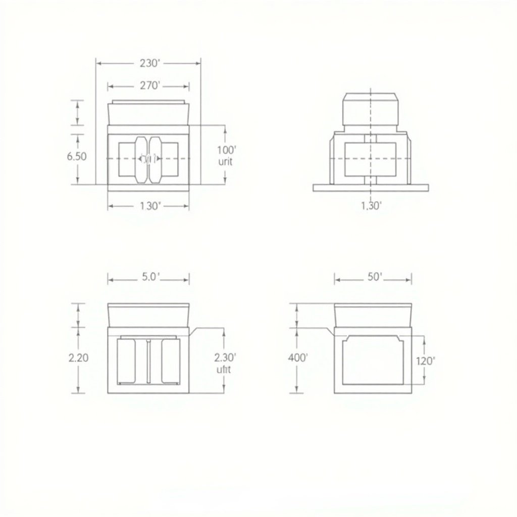 The image presents a technical drawing of a mechanical component. It features a cylindrical shape atop a rectangular base with clearly marked dimensions in millimeters. The design includes a slot and a circular protrusion, highlighting precision in engineering. Notches are detailed along the rectangular section, and the front view shows its height of 30 units and width of 50 units. The side view captures the depth and height while emphasizing the protruding notches, making it a reliable reference for engineering and architectural projects.