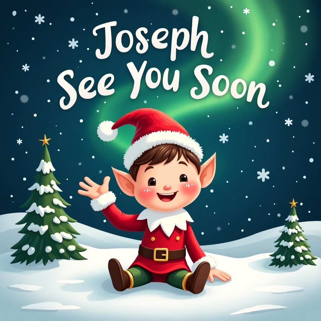 A charming scene features an elf character sitting in the snow, wearing a festive red outfit with a pointed hat. The elf waves cheerfully to the viewer, creating a welcoming atmosphere. Above, the night sky is filled with colorful northern lights. The message 'Joseph See You Soon' is beautifully written among the lights. Soft snowflakes gently fall around the elf, and evergreens are present in the background, adding to the magical winter scene. The overall mood is cheerful, inviting, and perfect for the holiday season.