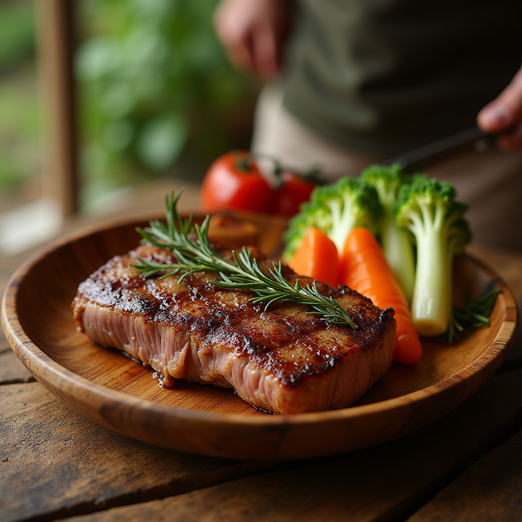 A grilled steak garnished with rosemary is served with fresh vegetables on a wooden plate.