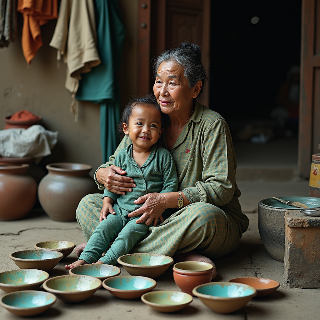 An elderly woman embraces a child among handcrafted pottery, highlighting a familial bond and traditional artistry.