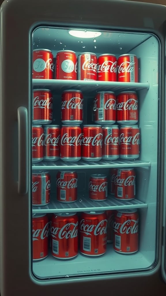 A photo of a small refrigerator filled with Coca-Cola cans.