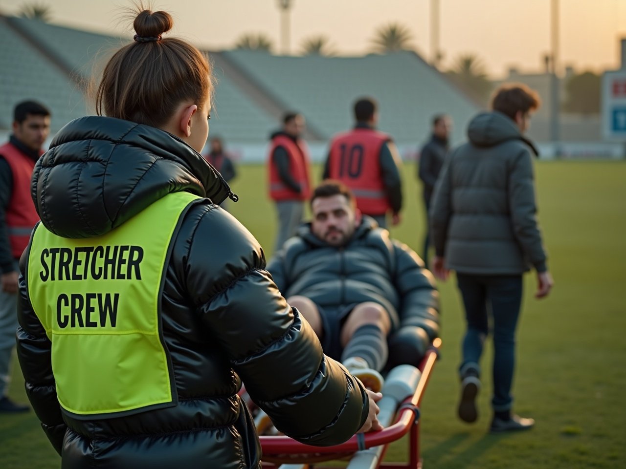 An injured soccer player is being carried on a stretcher by a young female crew member on a soccer field. She is wearing a high-visibility vest labeled 'stretcher crew' and has a concerned expression. The athlete, a middle-aged man, appears to be unconscious with his head tilted back and a grimace of pain on his face. The scene takes place during a match in an Arabic region, with dramatic lighting from the setting sun. The atmosphere conveys urgency and concern surrounding the injury, showcasing the importance of emergency medical response in sports.